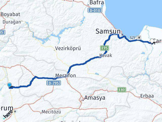 Çorum Laçin Çarşamba Samsun Arası Kaç Km - Yol Haritası