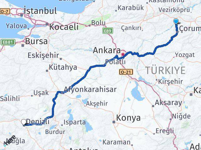 Çorum Laçin Denizli Arası Kaç Km - Yol Haritası