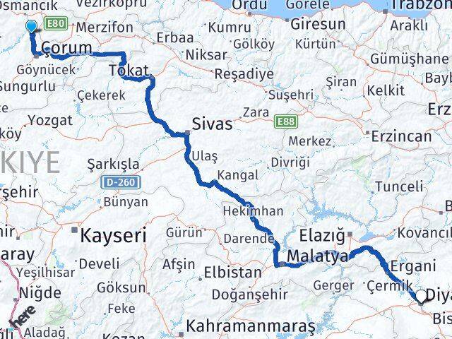 Çorum Laçin Diyarbakır Arası Kaç Km - Yol Haritası