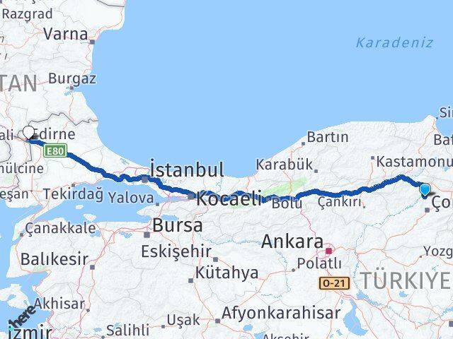 Çorum Laçin Edirne Arası Kaç Km - Yol Haritası