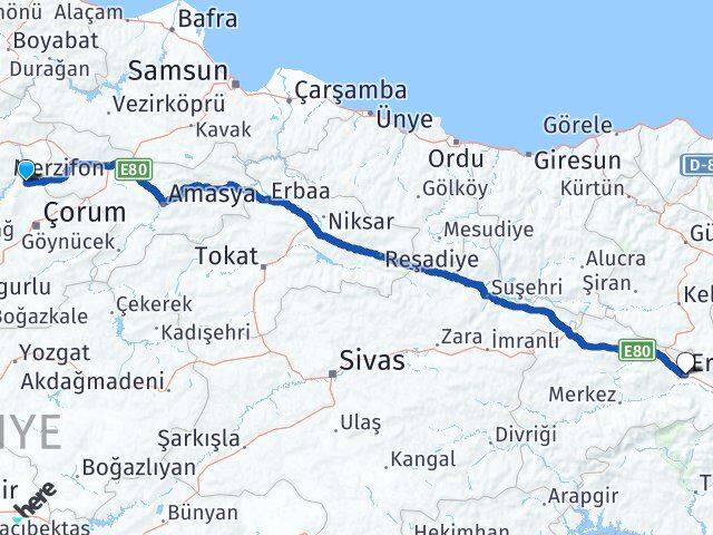 Çorum Laçin Erzincan Arası Kaç Km - Yol Haritası