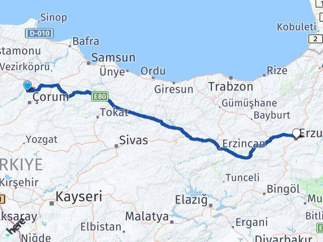 Çorum Laçin Erzurum Arası Kaç Km - Yol Haritası