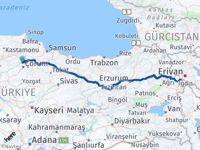 Çorum Laçin Iğdır Arası Kaç Km - Yol Haritası