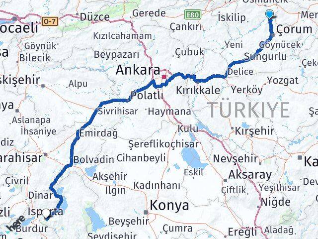 Çorum Laçin Isparta Arası Kaç Km - Yol Haritası