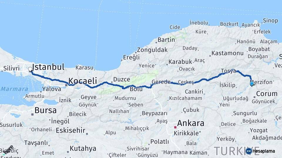 Çorum Laçin İstanbul Arası Kaç Km - Yol Haritası