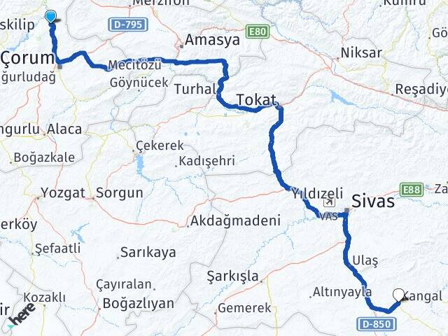 Çorum Laçin Kangal Sivas Arası Kaç Km - Yol Haritası