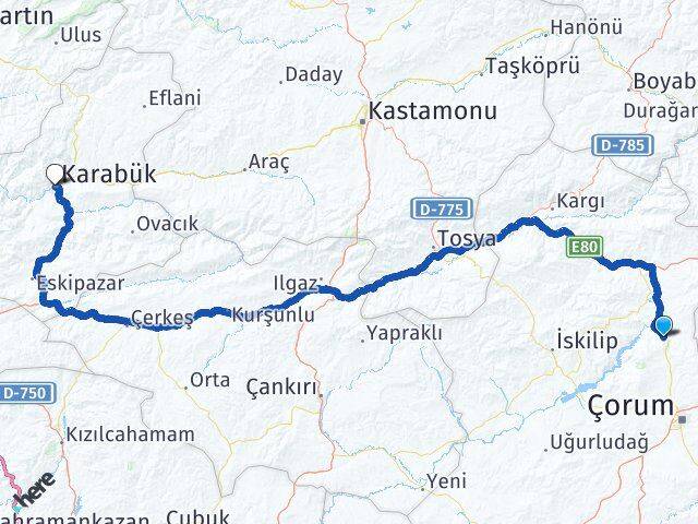 Çorum Laçin Karabük Arası Kaç Km - Yol Haritası