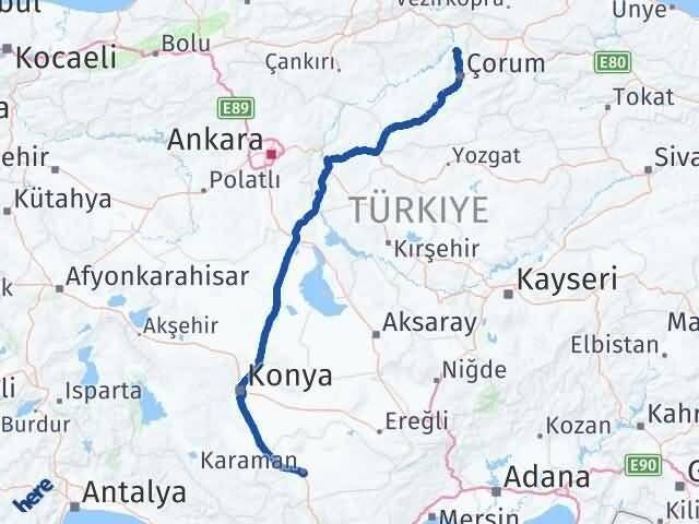 Çorum Laçin Karaman Arası Kaç Km - Yol Haritası