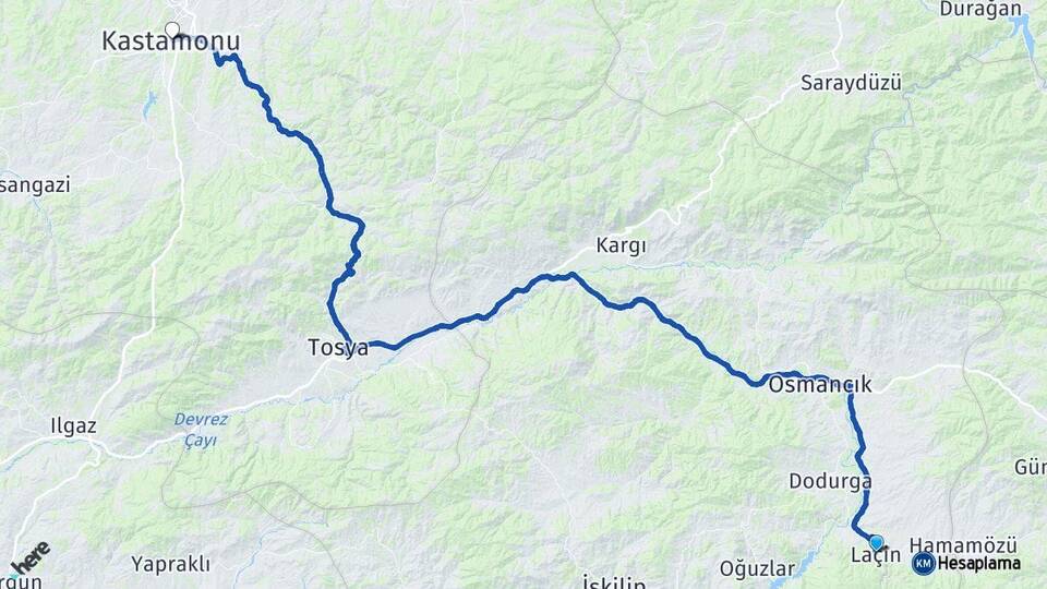Çorum Laçin Kastamonu Arası Kaç Km - Yol Haritası