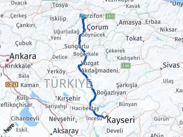 Çorum Laçin Kayseri Arası Kaç Km - Yol Haritası