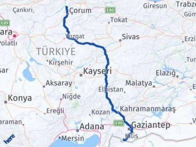 Çorum Laçin Kilis Arası Kaç Km - Yol Haritası