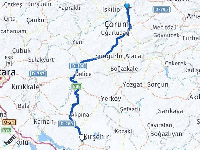 Çorum Laçin Kırşehir Arası Kaç Km - Yol Haritası