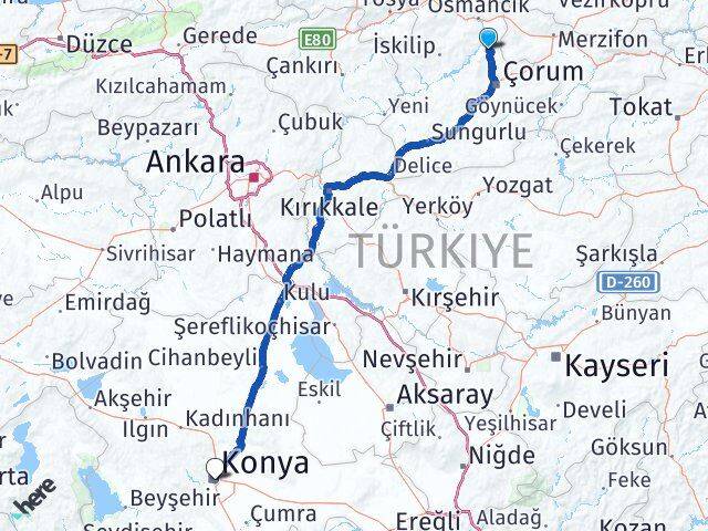 Çorum Laçin Konya Arası Kaç Km - Yol Haritası
