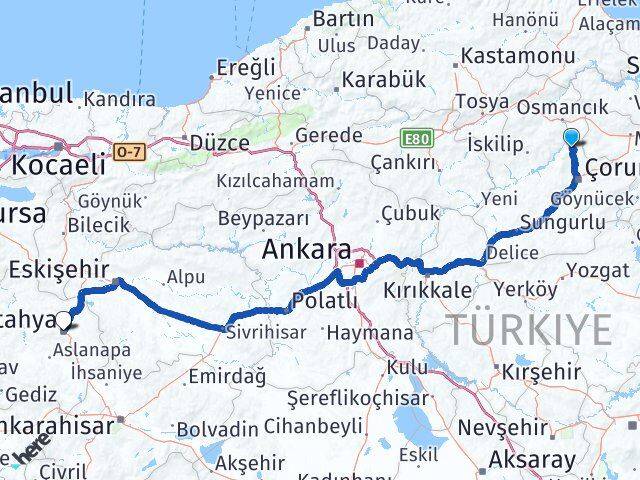 Çorum Laçin Kütahya Arası Kaç Km - Yol Haritası