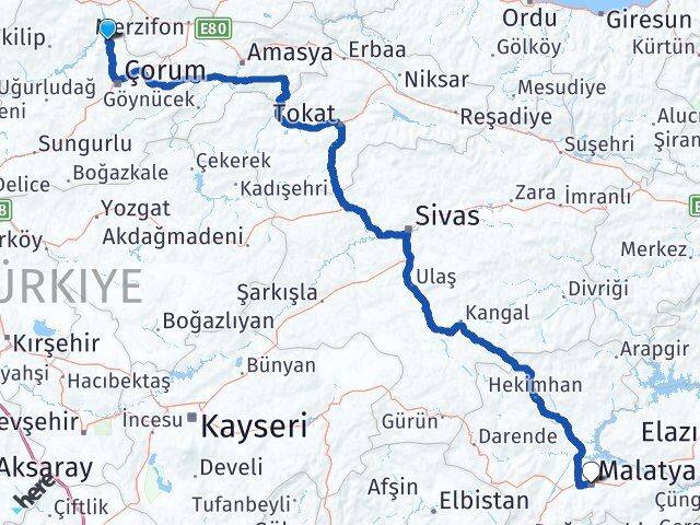 Çorum Laçin Malatya Arası Kaç Km - Yol Haritası