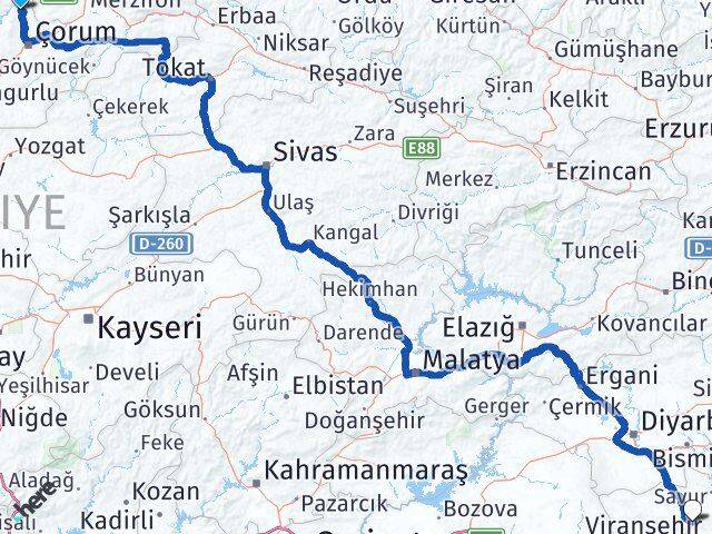 Çorum Laçin Mardin Arası Kaç Km - Yol Haritası