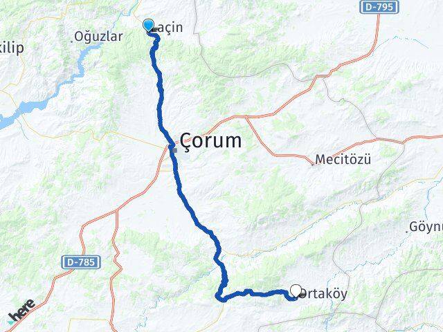 Çorum Laçin Ortaköy Arası Kaç Km - Yol Haritası