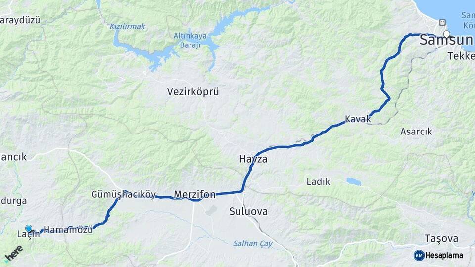 Çorum Laçin Samsun Arası Kaç Km - Yol Haritası