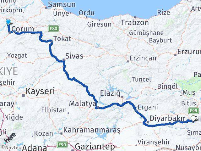 Çorum Laçin Siirt Arası Kaç Km - Yol Haritası