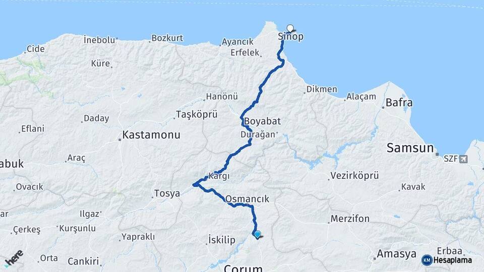 Çorum Laçin Sinop Arası Kaç Km - Yol Haritası