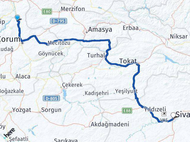 Çorum Laçin Sivas Arası Kaç Km - Yol Haritası