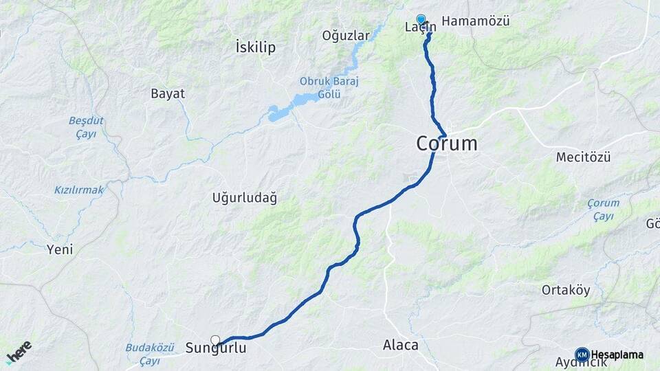 Çorum Laçin Sungurlu Arası Kaç Km - Yol Haritası