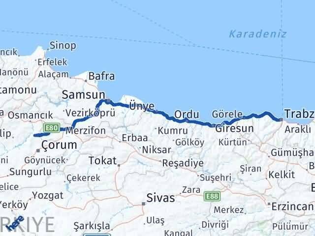 Çorum Laçin Trabzon Arası Kaç Km - Yol Haritası