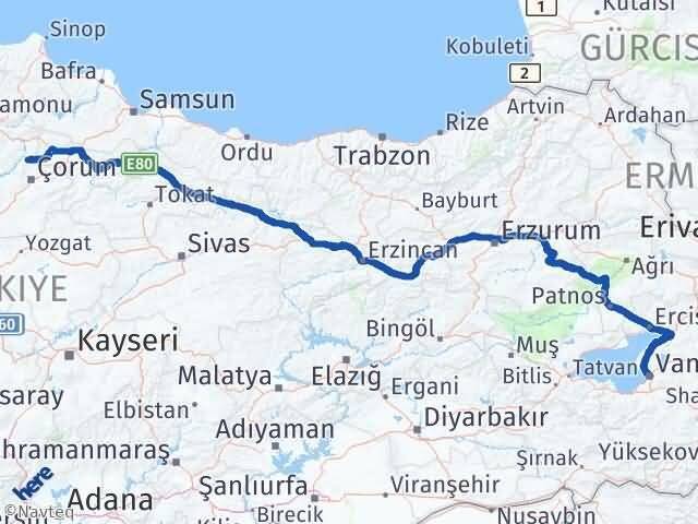 Çorum Laçin Van Arası Kaç Km - Yol Haritası