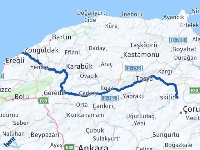 Çorum Laçin Zonguldak Arası Kaç Km - Yol Haritası
