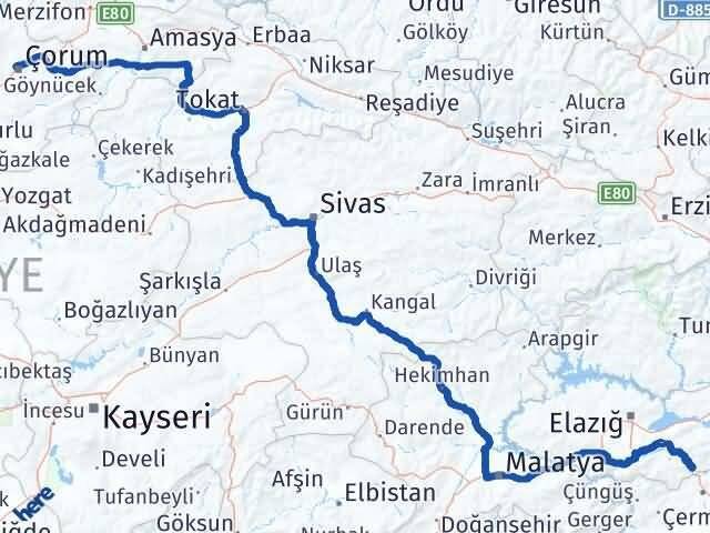 Çorum Maden Elazığ Arası Kaç Km - Yol Haritası