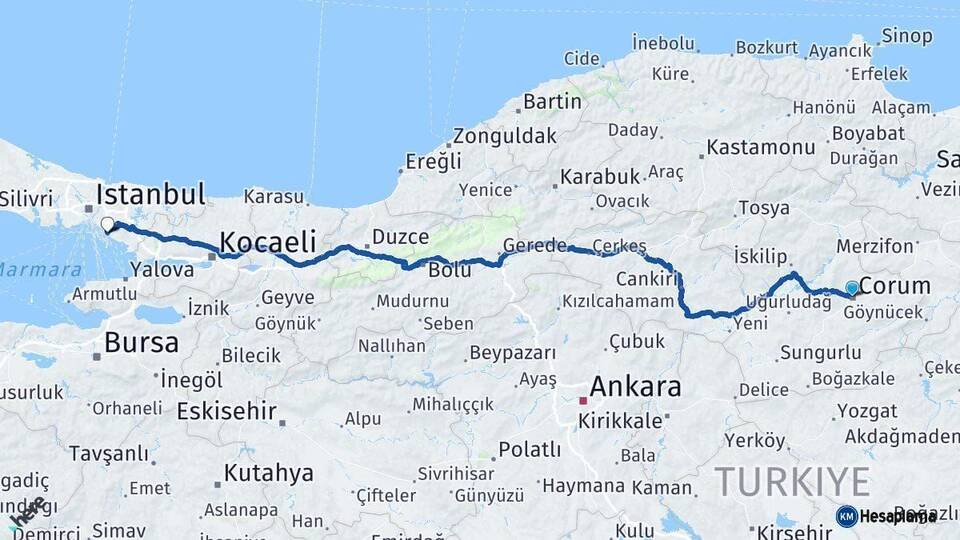 Çorum Maltepe İstanbul Arası Kaç Km - Yol Haritası