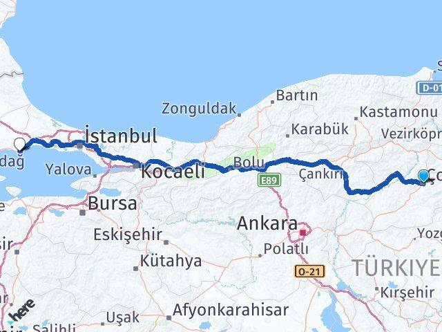 Çorum Marmaraereğlisi Tekirdağ Arası Kaç Km - Yol Haritası