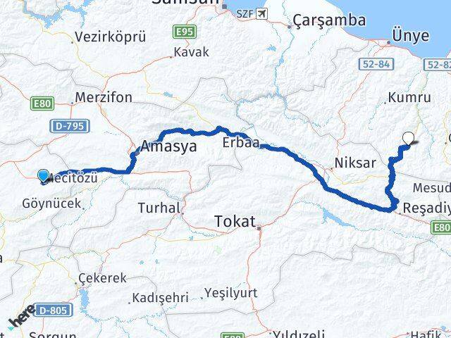 Çorum Mecitözü Aybastı Ordu Arası Kaç Km - Yol Haritası