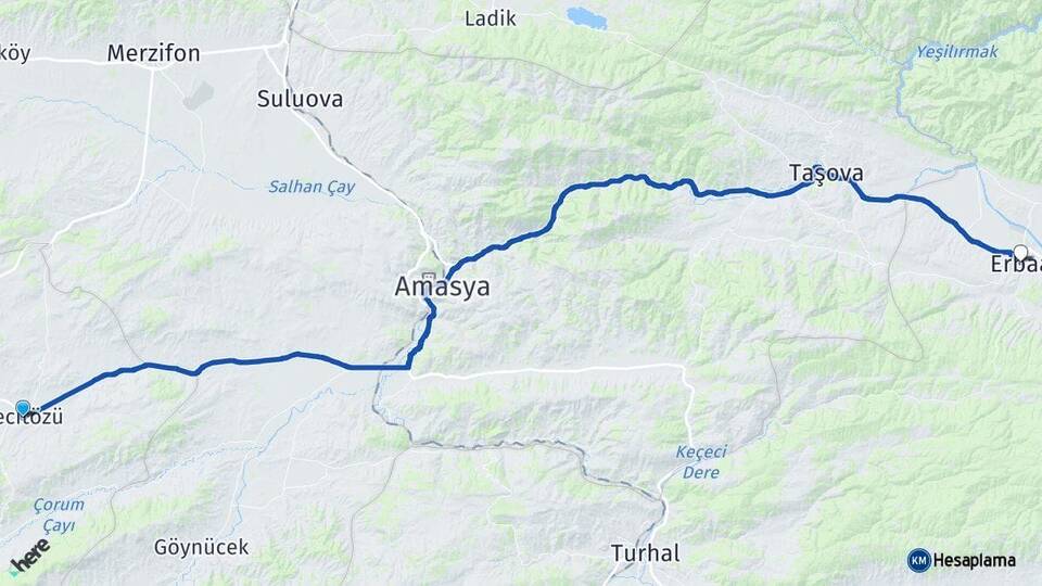 Çorum Mecitözü Erbaa Tokat Arası Kaç Km - Yol Haritası