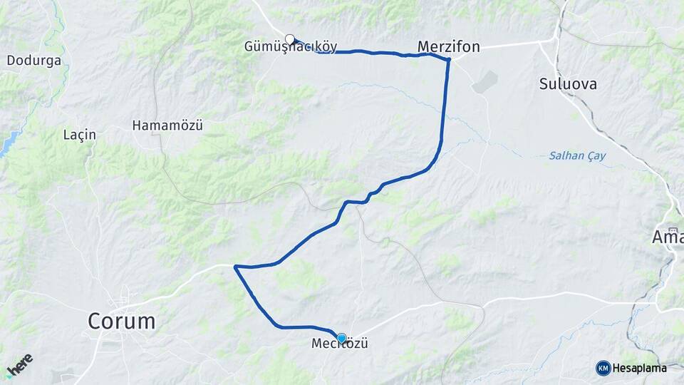 Çorum Mecitözü Gümüşhacıköy Amasya Arası Kaç Km - Yol Haritası