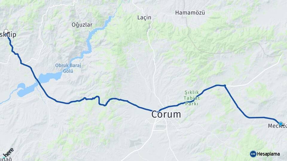 Çorum Mecitözü İskilip Arası Kaç Km - Yol Haritası