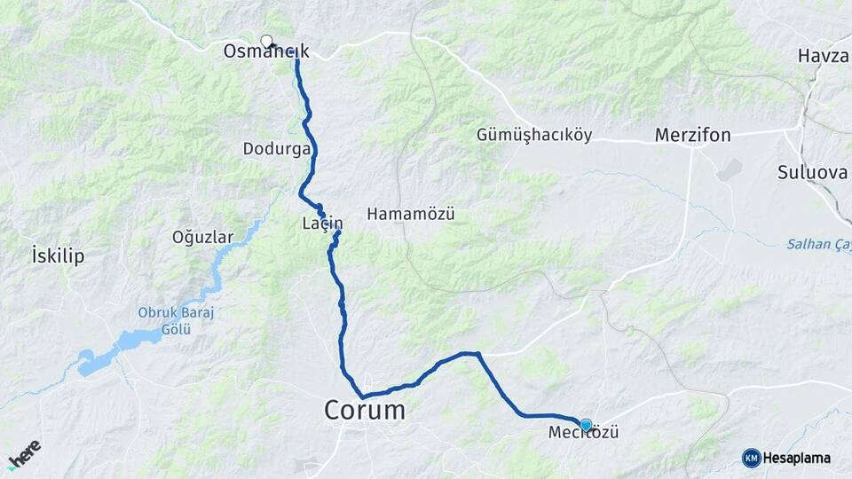Çorum Mecitözü Osmancık Arası Kaç Km - Yol Haritası