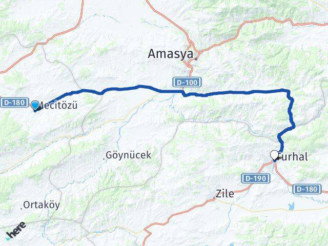 Çorum Mecitözü Turhal Tokat Arası Kaç Km - Yol Haritası