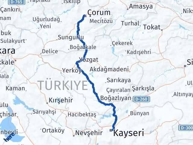 Çorum Melikgazi Kayseri Arası Kaç Km - Yol Haritası