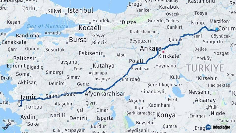 Çorum Menderes İzmir Arası Kaç Km - Yol Haritası