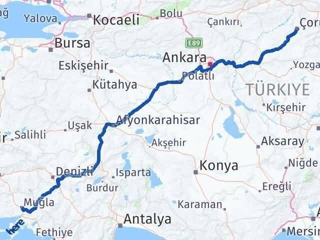 Çorum Menteşe Muğla Arası Kaç Km - Yol Haritası