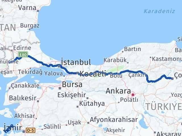 Çorum Meriç Edirne Arası Kaç Km - Yol Haritası