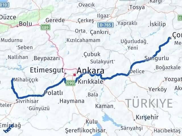 Çorum Mihalıççık Eskişehir Arası Kaç Km - Yol Haritası