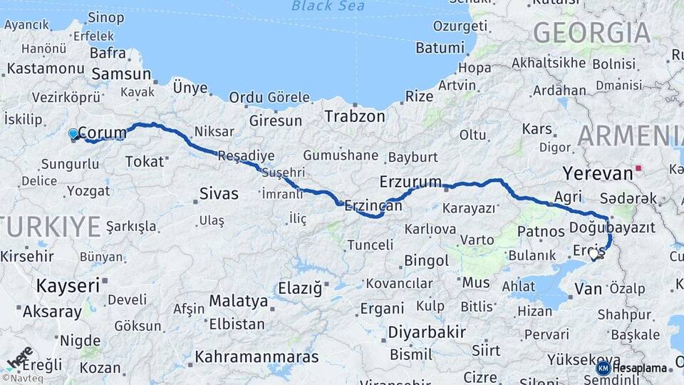 Çorum Muradiye Van Arası Kaç Km - Yol Haritası