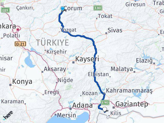 Çorum Musabeyli Kilis Arası Kaç Km - Yol Haritası