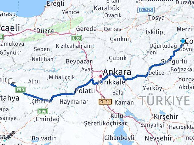 Çorum Odunpazarı Eskişehir Arası Kaç Km - Yol Haritası