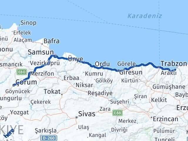 Çorum Of Trabzon Arası Kaç Km - Yol Haritası