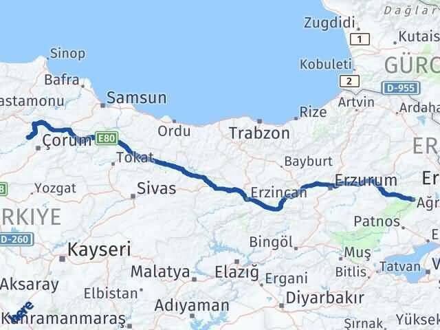 Çorum Oğuzlar Ağrı Arası Kaç Km - Yol Haritası