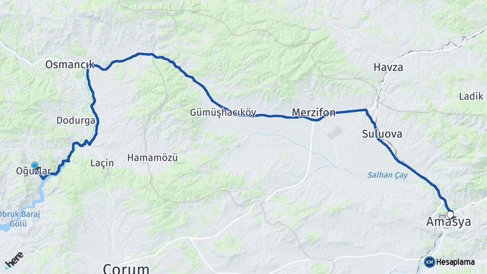 Çorum Oğuzlar Amasya Arası Kaç Km - Yol Haritası