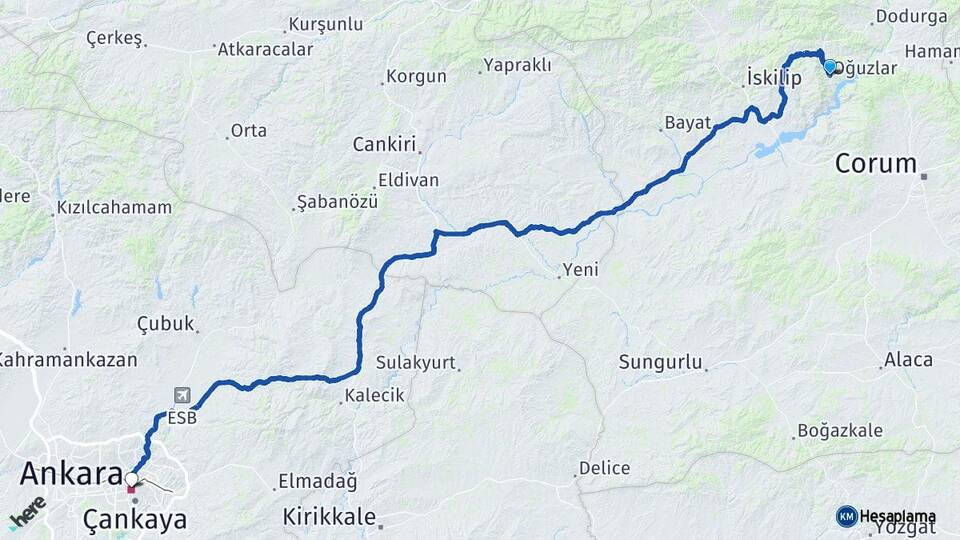 Çorum Oğuzlar Ankara Arası Kaç Km - Yol Haritası